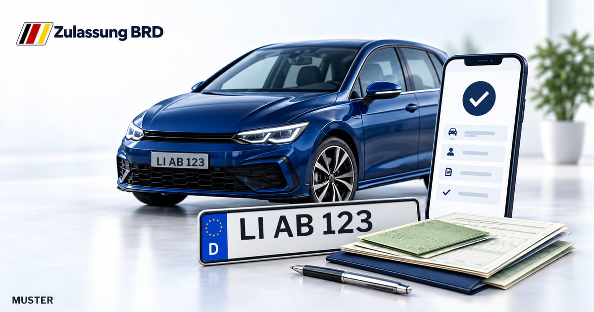 Online Fahrzeugzulassung in Lindenberg i.Allgäu: Musterkennzeichen LI AB 123, Auto und Fahrzeugpapiere und Smartphone. Illustration mit Logo von Zulassung BRD.